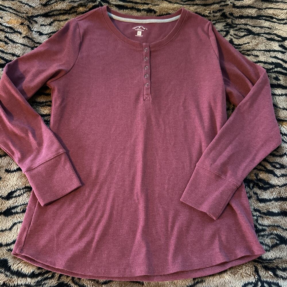 Men’s Blue Mountain Size Large Henley Long Sleeve Ribbed Dark Maroon Shirt Class